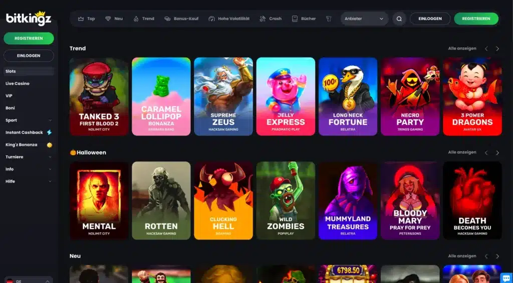 Slot-Lobby von Bitkingz mit Trend- und Halloween-Spielen