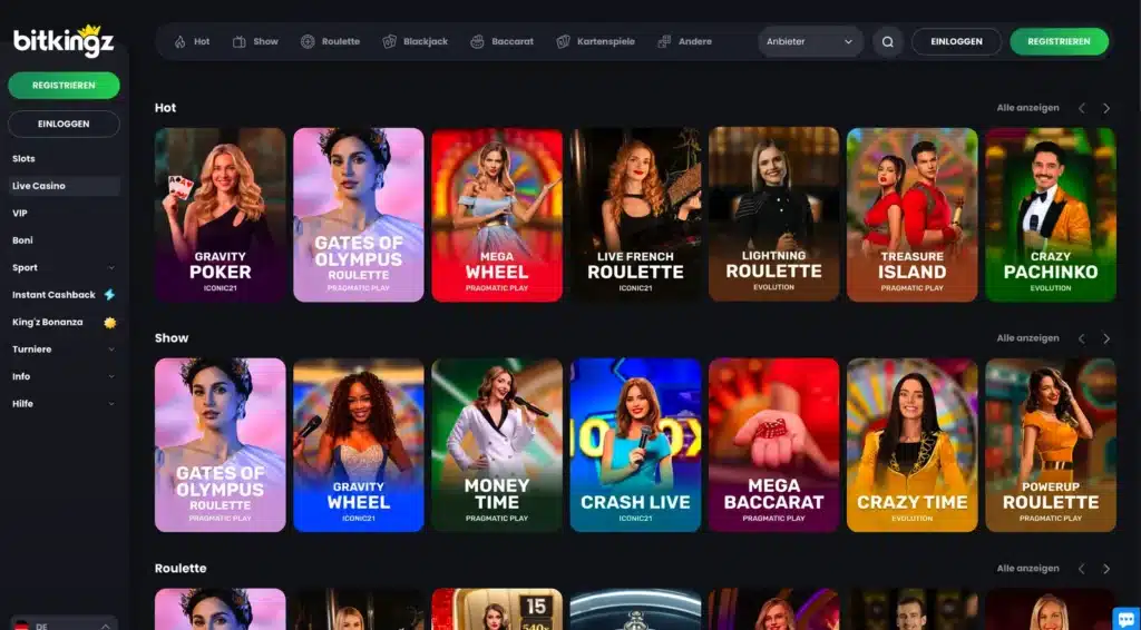Live-Casino von Bitkingz mit Gameshows und Roulette