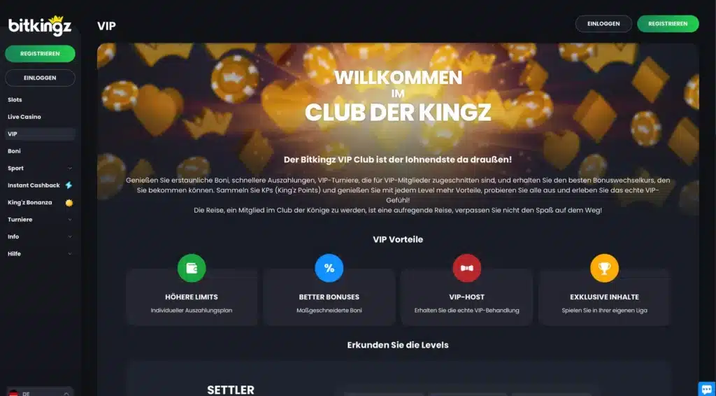 VIP-Club von Bitkingz mit Übersicht der VIP-Vorteile