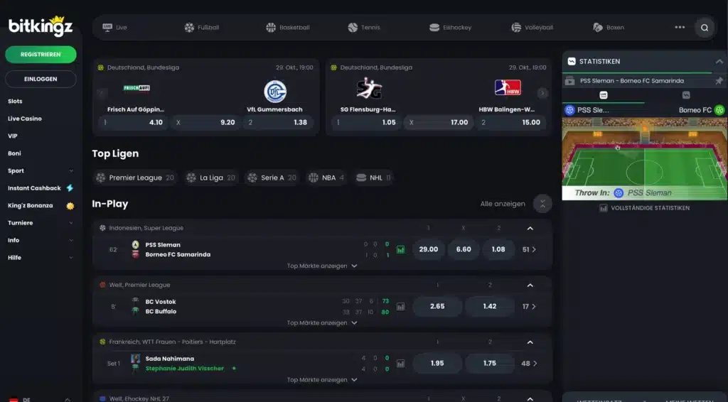 Sportwetten-Bereich von Bitkingz mit Top-Ligen und Live-Wetten