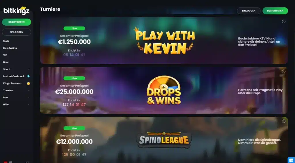 Turnierseite von Bitkingz mit Play with Kevin, Drops & Wins und Spinoleague