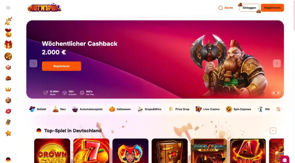Startseite von HitNSpin mit wöchentlichem Cashback und Top-Spielen
