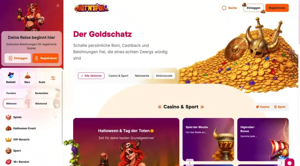 Aktionsseite Der Goldschatz von HitNSpin mit Casino- und Sport-Angeboten