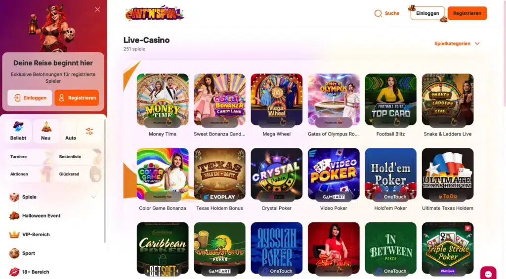 Live-Casino von HitNSpin mit Poker-, Roulette- und Kartenspielen