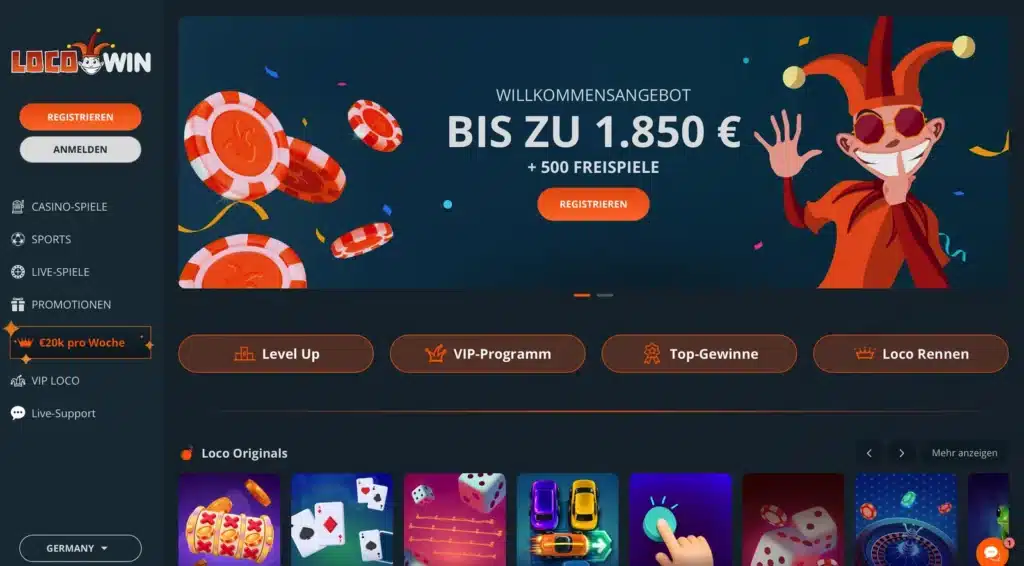 Startseite von Locowin mit Willkommensangebot und Loco Originals