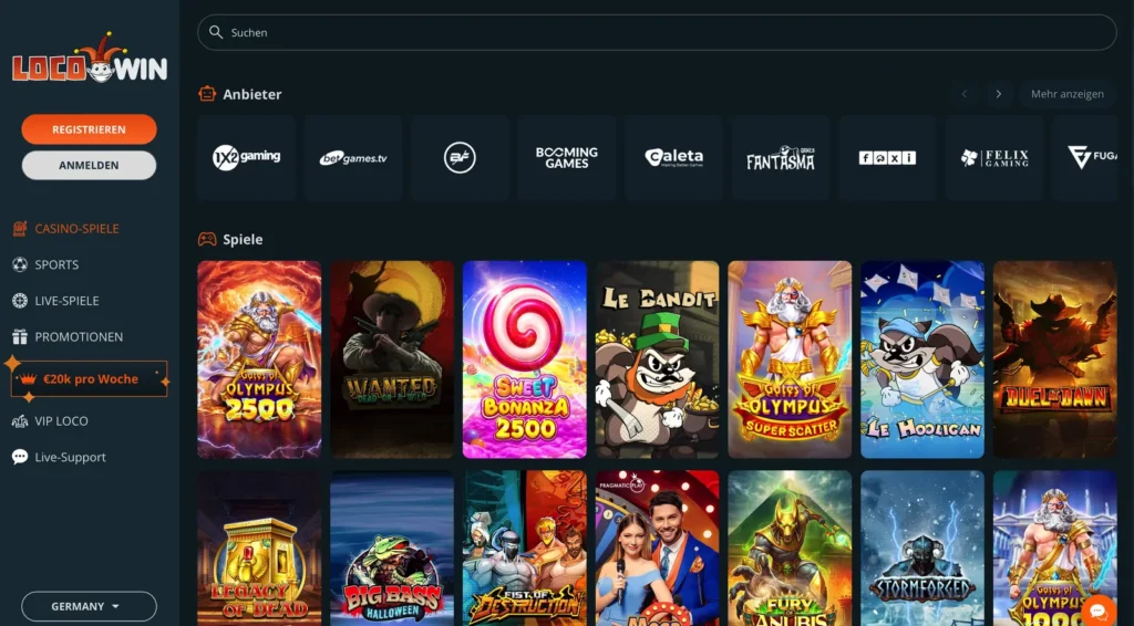 Spielelobby von Locowin mit Spieleanbietern und Slots