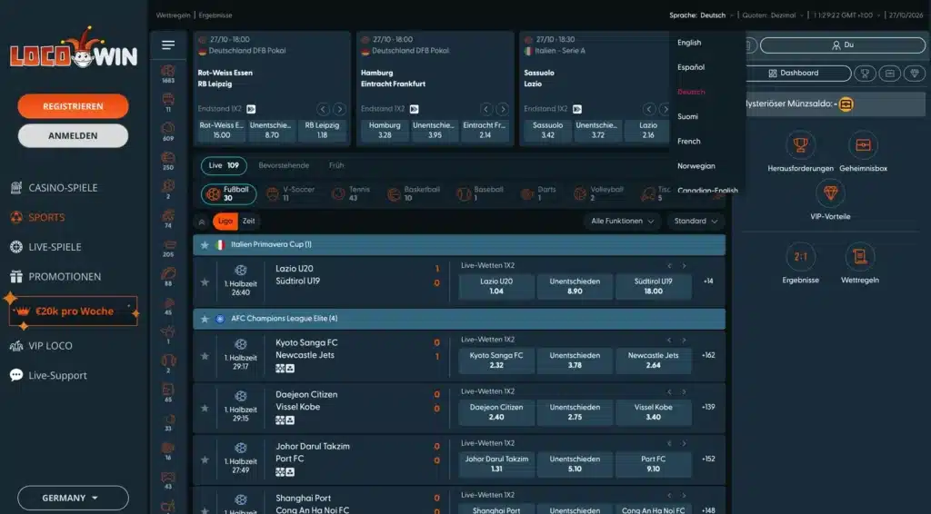 Sportwetten-Bereich von Locowin mit aktuellen Spielen und Quoten