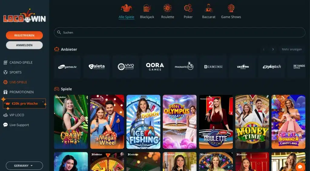Live-Casino von Locowin mit Spieleanbietern und Live-Tischen