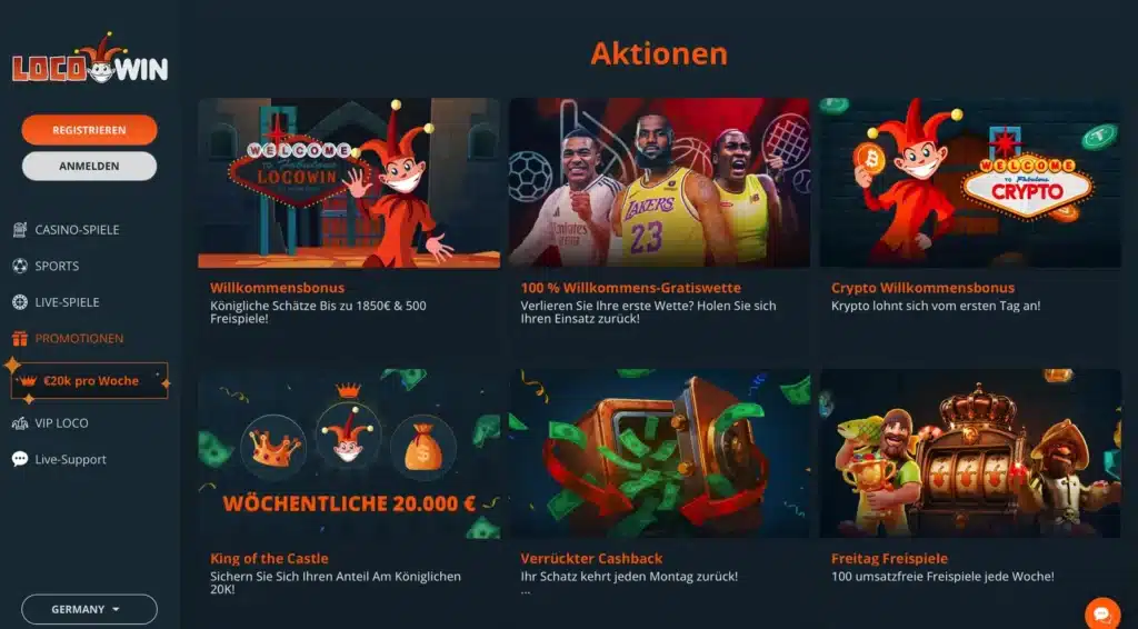Aktionsseite von Locowin mit Willkommensbonus und wöchentlichen Angeboten