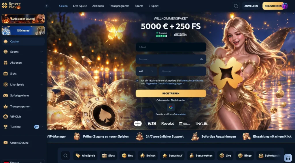 Startseite von Revery Play mit Willkommenspaket und Anmeldeformular