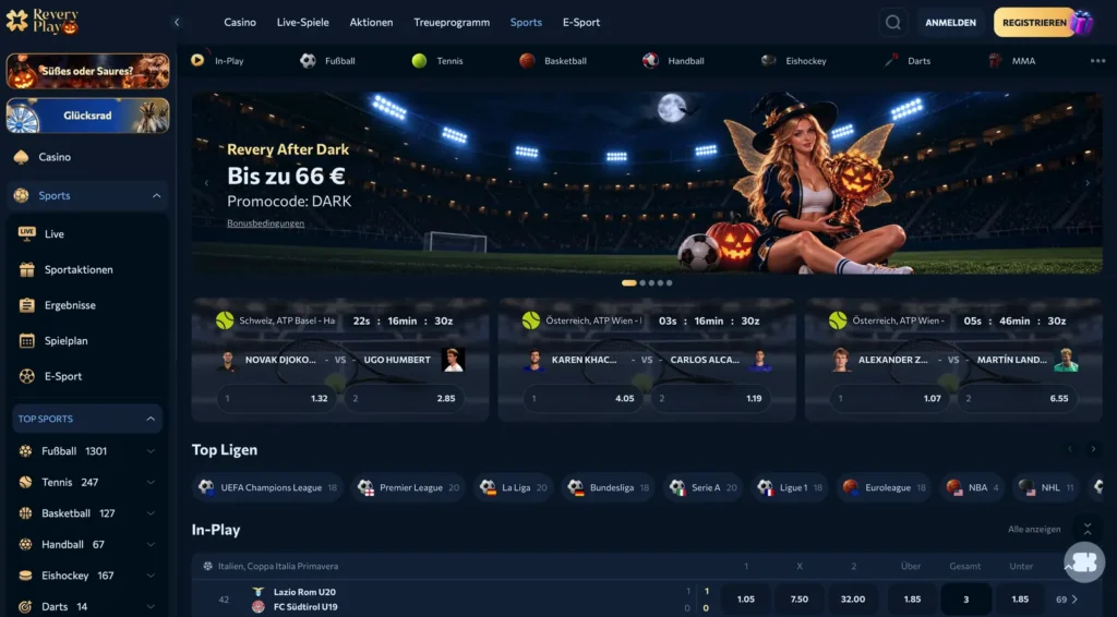 Sportwetten-Bereich von Revery Play mit Bonus und Live-Wetten