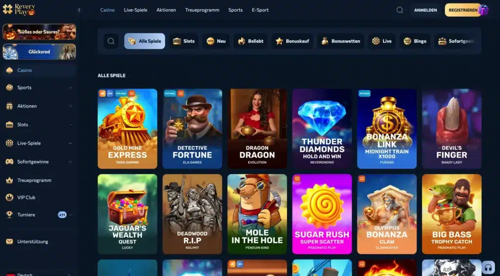 Spielelobby von Revery Play mit Slot-Auswahl