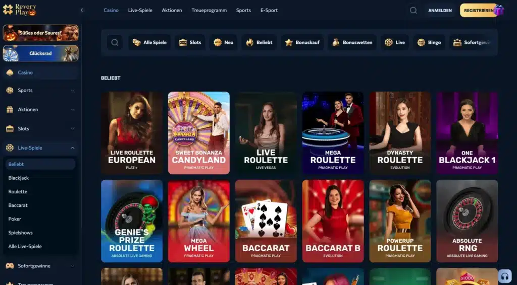 Live-Casino von Revery Play mit Roulette-, Baccarat- und Blackjack-Tischen