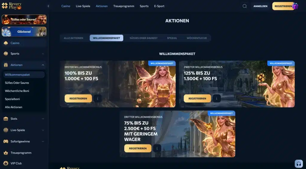 Aktionsseite von Revery Play mit den Einzahlungsboni des Willkommenspakets