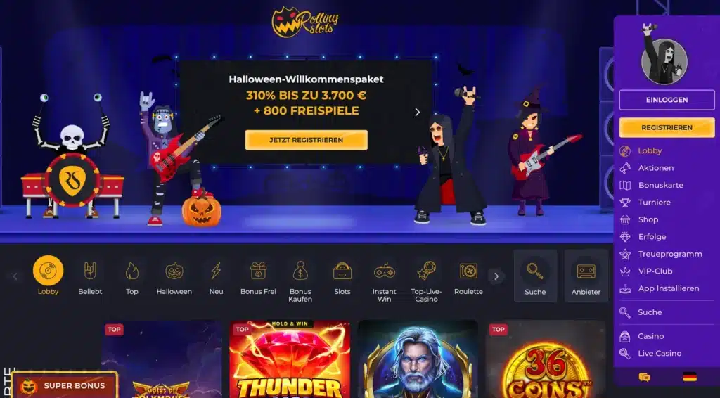 Startseite von Rolling Slots mit Halloween-Willkommenspaket