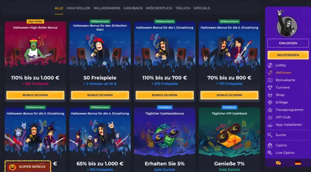 Aktionsseite von Rolling Slots mit Einzahlungsboni und Cashback