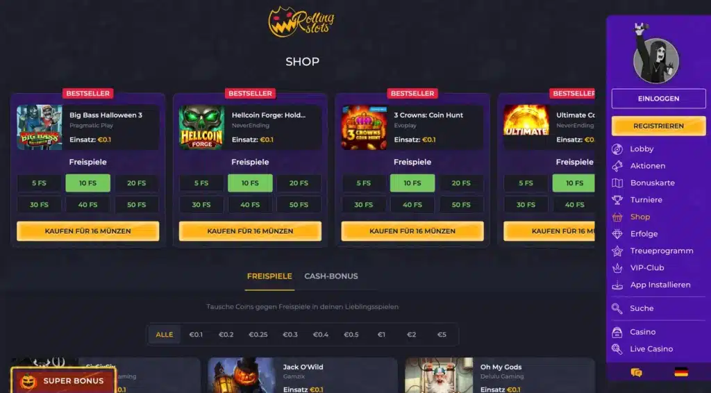 Shop von Rolling Slots mit Freispiel-Paketen