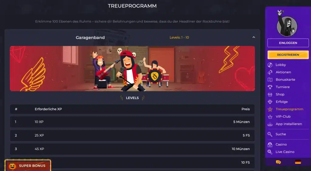 Treueprogramm von Rolling Slots mit Levels und Preisen