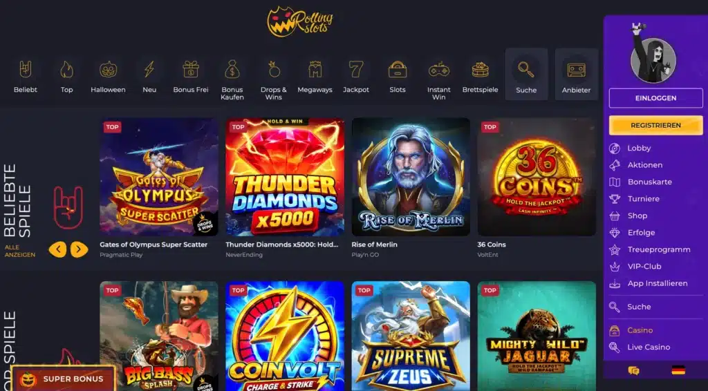 Spielelobby von Rolling Slots mit beliebten Spielen und Top-Spielen
