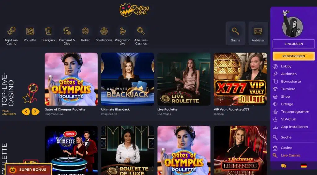 Live-Casino von Rolling Slots mit Roulette- und Blackjack-Tischen