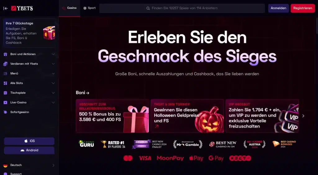 Startseite von Ybets mit Bonusangeboten und Zahlungsmethoden