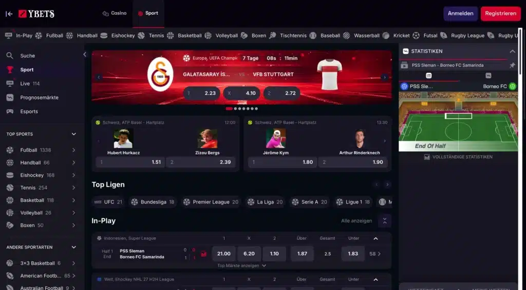 Sportwetten-Bereich von Ybets mit Top-Ligen und Live-Wetten
