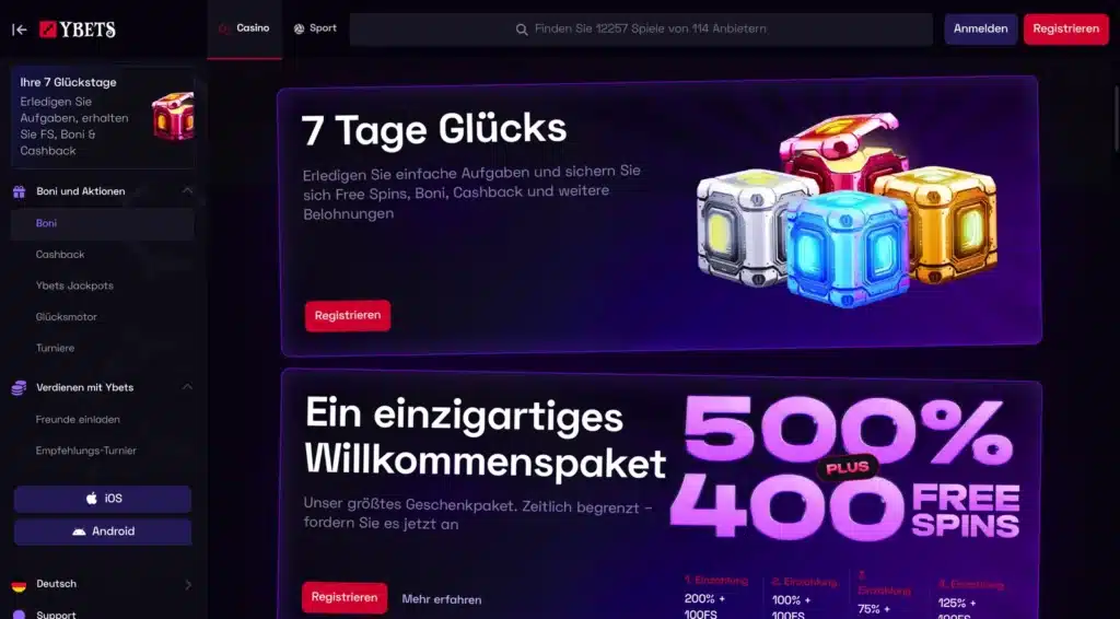 Bonusseite von Ybets mit 7-Tage-Aktion und Willkommenspaket