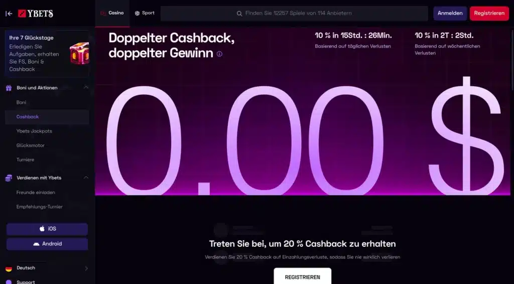Cashback-Aktion von Ybets mit täglichem und wöchentlichem Cashback