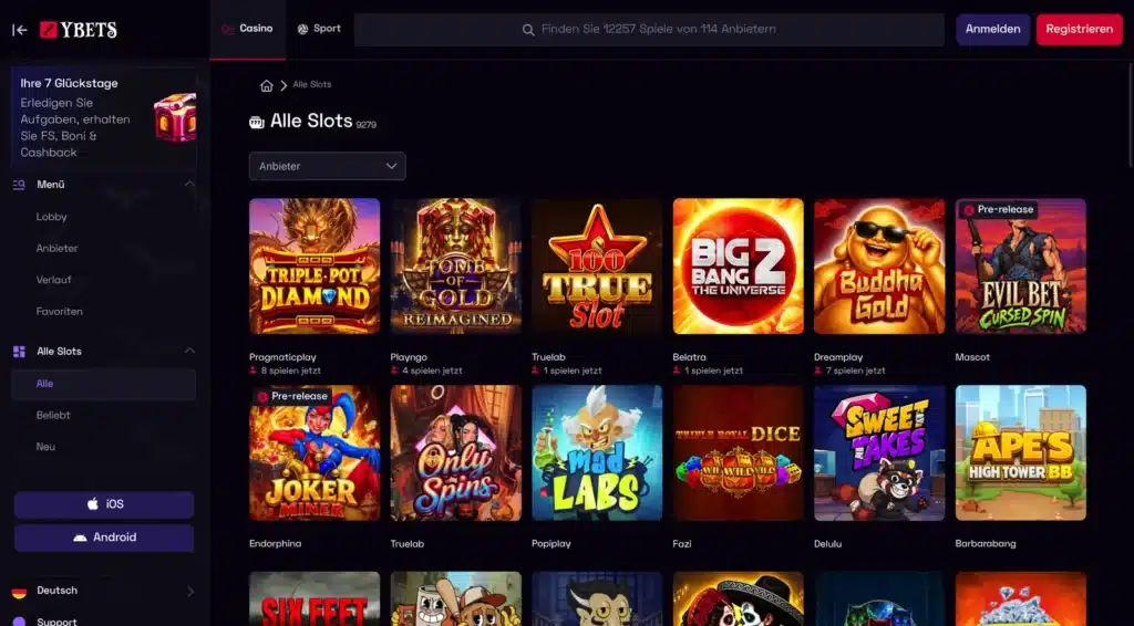 Slot-Übersicht von Ybets mit beliebten Spielautomaten