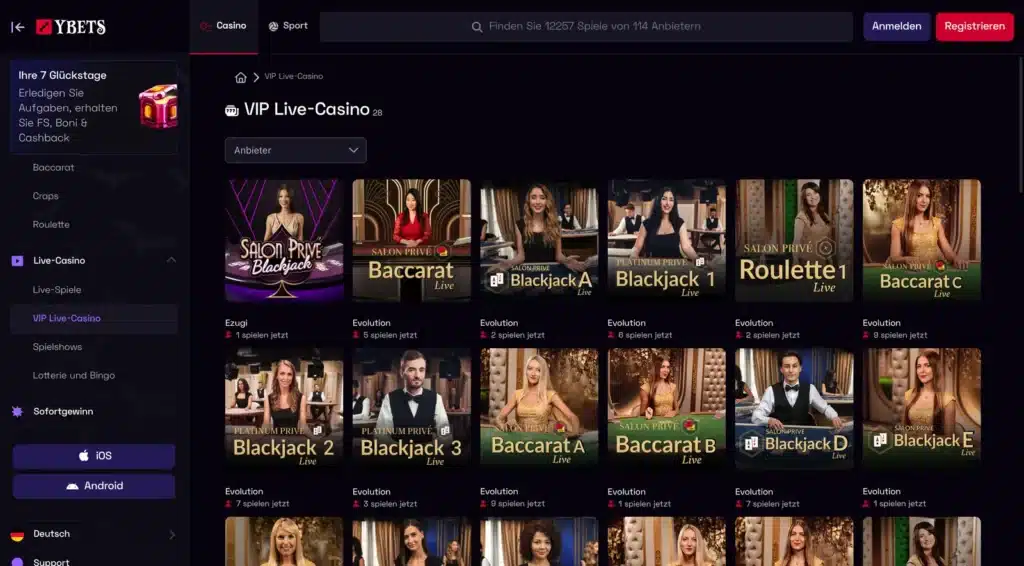 VIP-Live-Casino von Ybets mit Baccarat- und Blackjack-Tischen