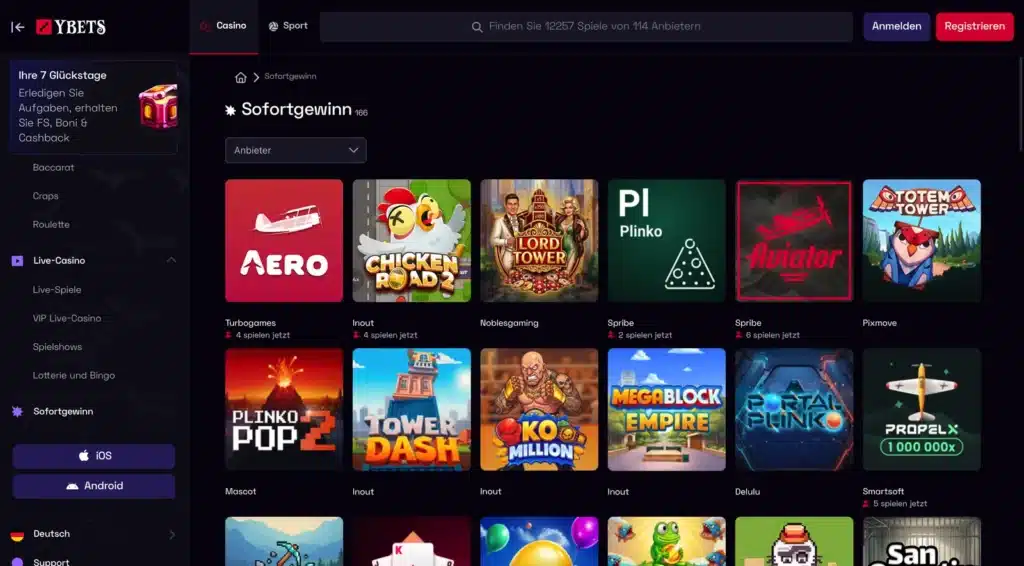 Sofortgewinn-Spiele bei Ybets wie Aviator, Plinko und Chicken Road 2